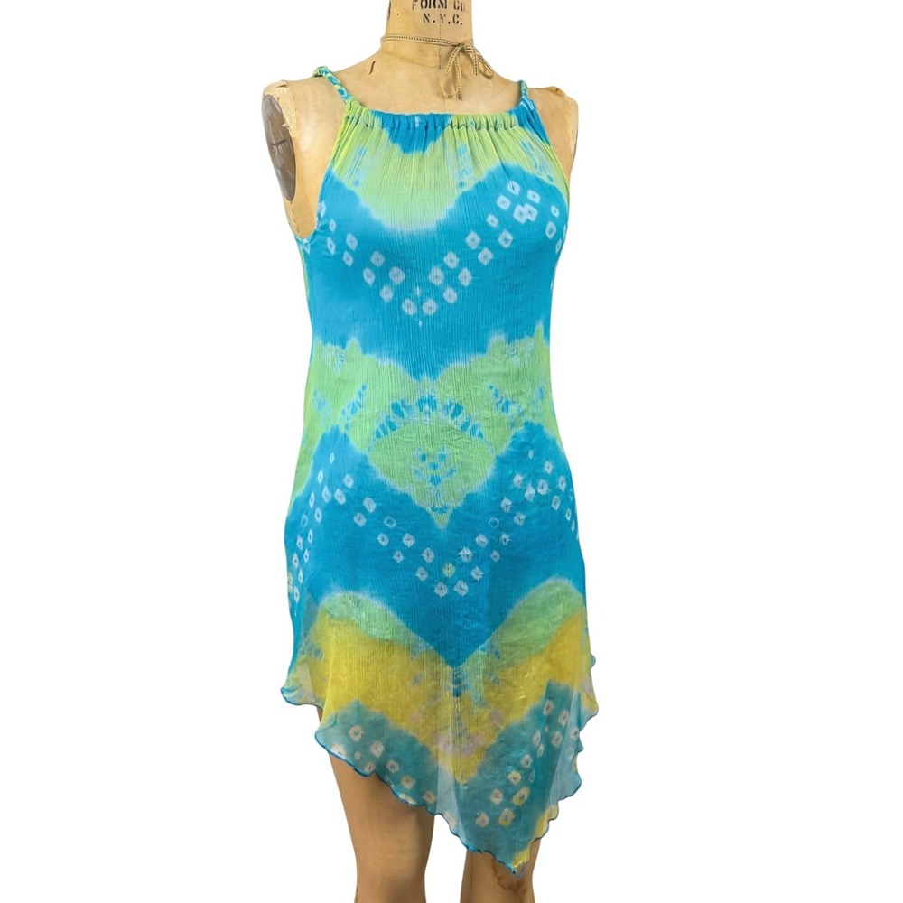 Y2K Boho Tie Dye Handkerchief Hem Dress Bandhani Crinkle Retro Hippie S